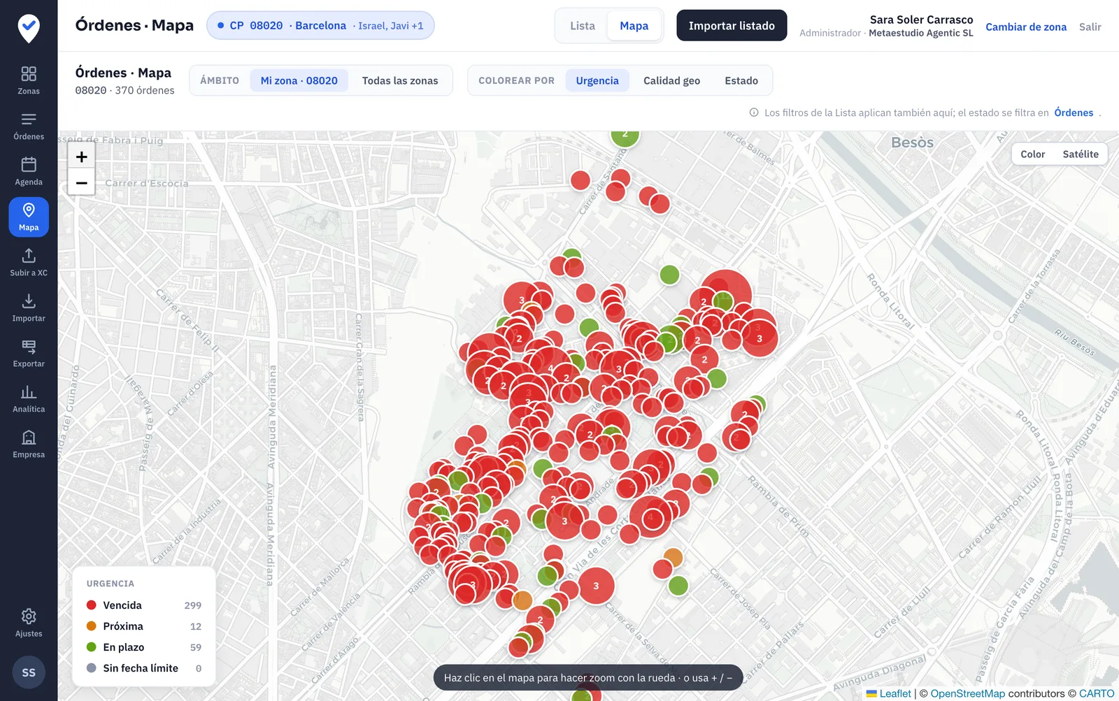 Termochat: mapa de una zona con cada orden de trabajo geolocalizada y coloreada por urgencia